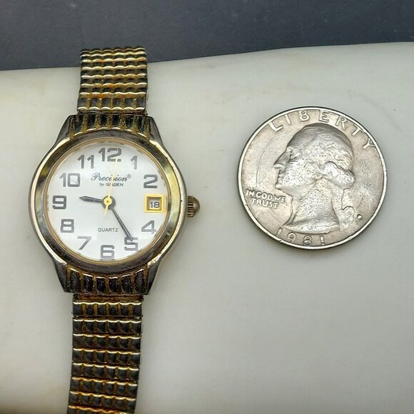 Vintage Gruen Precision Quartz Ladies Date Watch With Stretch Band Stainless Ste